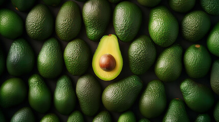 Half an avocado in the center of green avocados