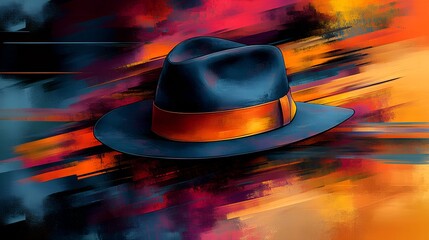 Abstract image of a dark blue hat with an orange ribbon on a vibrant background in blue and orange tones