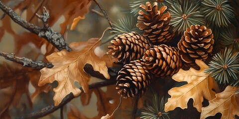 Wall Mural - Close-up of pine branches with pine cones and oak leaves. 