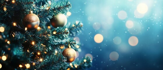 Christmas Tree With Ornament And Bokeh Lights In blue Background