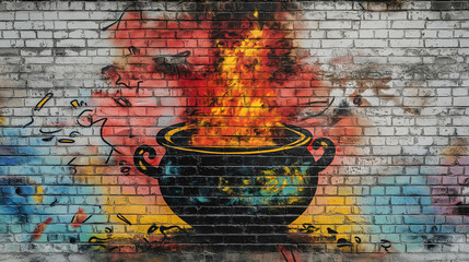 Pop art comic street graffiti with magic cauldron on brick wall. Fantasy concept background.