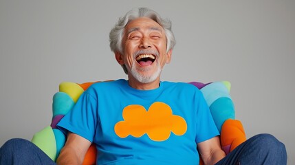 A man is sitting on a colorful chair and wearing a blue shirt with a cloud on it. He is smiling and laughing, giving off a happy and carefree vibe