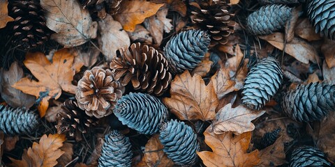 Close-up of pine cones on forest floor , nature, woodland, organic, texture, autumn, fall, outdoors 