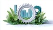 © weerasak - A conceptual representation of urban development integrating nature, featuring gears and skyscrapers surrounded by lush greenery.