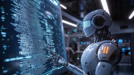 AI humanoid like robot looking at computer code floating in the air in a state of the art lab in the future