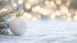 © Adi - Christmas white decorations on snow with fir tree branches and christmas lights. Winter Decoration Background
