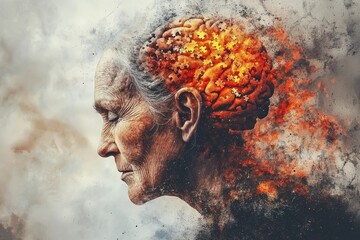 Sticker - Cognitive resonance subconscious Elderly mans face dissolving into fire and puzzle pieces symbolizing the breakdown of memory aging and the complexities of cognitive decline