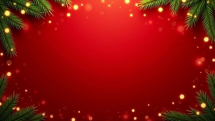 Festive red background with Christmas lights and pine branches