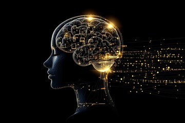 Wall Mural - Cooperative network power of thought Profile of a woman with a glowing brain and digital elements symbolizing the fusion of intelligence technology and futuristic cognition