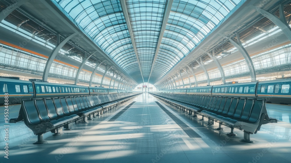 Empty Train Layout An empty high-speed train station in China, with rows of clean, empty ...