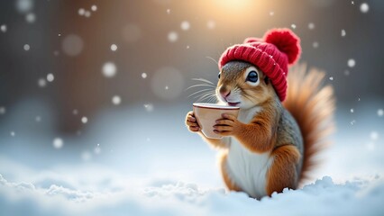 Cute squirrel in a red hat enjoying a hot drink in the snow