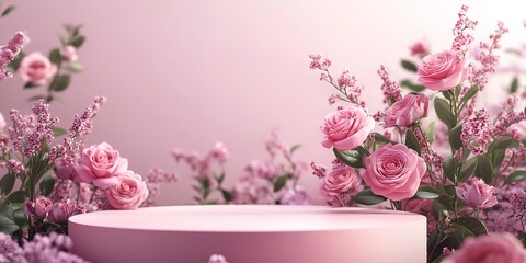 Wall Mural - Podium background flower rose product pink spring table. Garden rose floral summer background podium cosmetic valentine easter field scene gift purple day romantic 