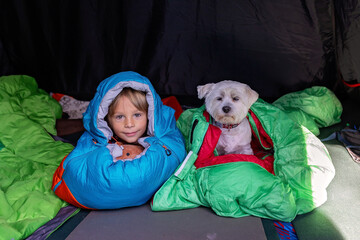 Cute toddler blond child, boy and pet dog,, sleeping in sleeping bag in a tent on a vacation in Norway, wild camping