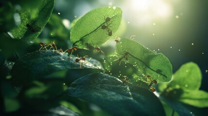 Wall Mural - Ants on Green Leaves in Sunlight