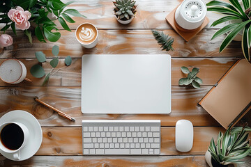 Wall Mural - Flat lay computer keyboard sits on a wooden desk with a mouse and a cup of coffee, potted plant and a vase of flowers. Concept of productivity and relaxation