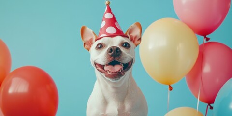 Happy dog with paty hat and balloons. Party, birthday, celebration concept. AI generative