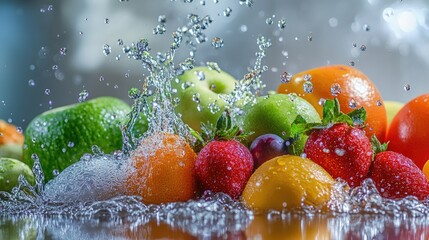 Poster - Dynamic shot of fresh fruits and vegetables with splashes of water on a panoramic background, emphasizing their freshness and appeal