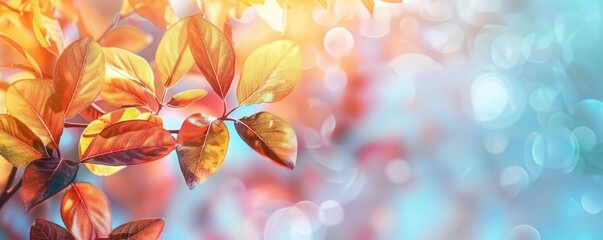 illustration of red orange autumnal leaves on blurred colorful background