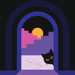 Poster - Night abstract architecture minimalistic illustration with a cat