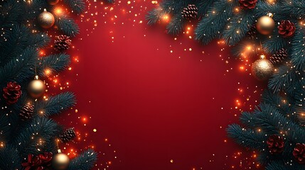 A Christmas decoration border featuring lush green fir branches, golden confetti, and glowing bokeh lights on a rich red backdrop, creating a bright and cheerful frame, vector papercut illustration.