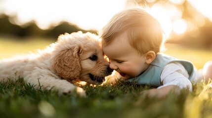 An adorable baby and a fluffy puppy enjoy each other's company on a warm, sunny day in a green field, capturing the essence of innocence and early friendship.