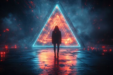 A silhouetted figure stands before a glowing triangular portal in a misty environment.