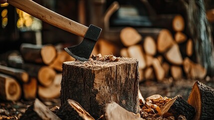 Close-up of an axe lodged in a chopping block, surrounded by firewood logs and wood chips, highlighting the rugged work involved in preparing firewood