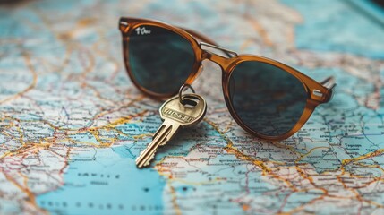 A Spring Break road trip map with a car key and sunglasses on top, ready for the journey. Clear space for travel-related content.