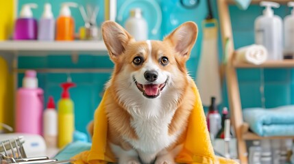 Adorable Corgi Smiling in Colorful Grooming Room