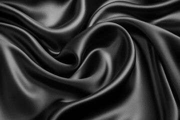 Black satin fabric background. Top view. Shiny, wavy silk texture for the design of elegant. Fashion backdrop. Wallpaper. Luxury banner