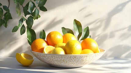 A bowl filled with organic lemons and oranges, beautifully arranged to highlight their freshness.