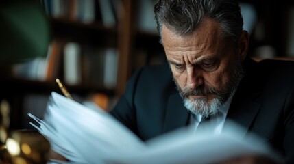 A man is focused on reading and writing documents in a library setting, indicating a scene of learning, research, and serious professional commitment surrounded by books.