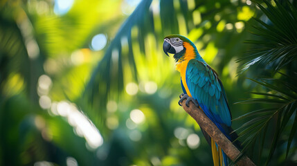 Close-up image of an Ara parrot on a tropical tree branch in the rainforest