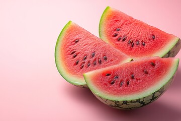 Three slices of watermelon on a pink background.