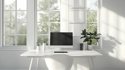 A bright, minimalist home office with white furniture, large windows, and a potted plant, creating a serene and airy workspace filled with natural light.