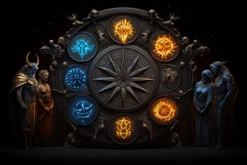 Wall Mural - zodiac signs as spirit guides, illustrated in a scene where each zodiac sign is a guardian spirit, o
