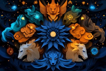 Wall Mural - zodiac signs as spirit guides, illustrated in a scene where each zodiac sign is a guardian spirit, o