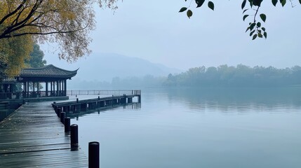 Sticker - The empty waterfront of Hangzhoua West Lake, with no boats or tourists, just the serene natural beauty.