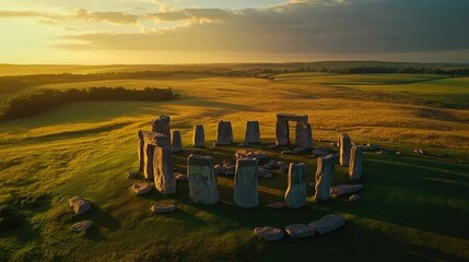 Twilight view of Stonehenge, with the ancient stone circle bathed in the golden light of the setting sun, surrounded by lush green fields in the UK countryside