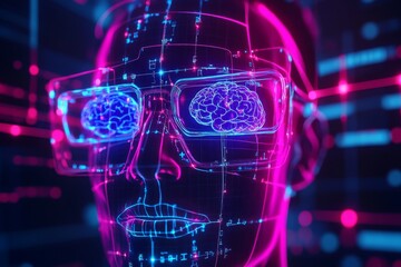 Poster - Memory storage Diffusion tensor imaging Neon lit humanoid head with glowing glasses representing the fusion of human intellect and digital technology in the modern age