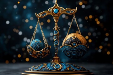 Wall Mural - Zodiac signs in a cosmic balance, illustrated in a scene where the zodiac signs are perfectly balanced in a cosmic scale, representing harmony and equilibrium in the universe