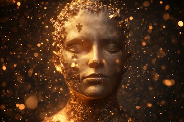 Sticker - Brain oscillations Diffusion tensor imaging Face of a woman dissolving into a swarm of golden particles symbolizing the transformation of identity and the fluid nature of consciousness