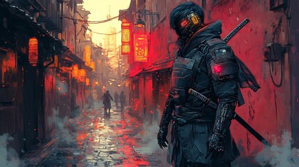 Illustration of hightech cybernetic samurai in a neonlit alleyway preparing for a duel