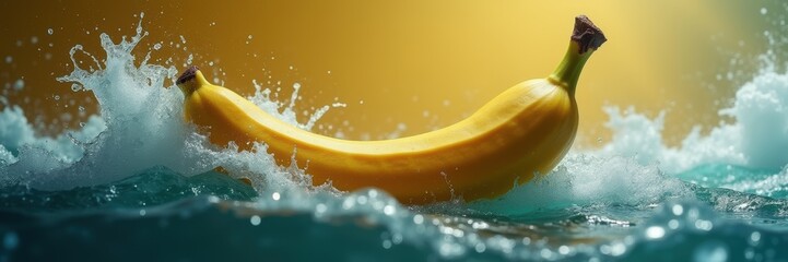 Wall Mural - A vibrant banana floating in turquoise waves, capturing the essence of freshness and nutrition. Ideal for food marketing, health campaigns, and creative projects.