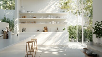 Wall Mural - A Scandinavian kitchen with white cabinetry and minimal decor bathed in soft daylight creating a tranquil and airy atmosphere perfect for a modern minimalist home