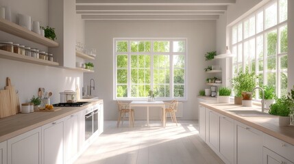 A light Scandinavian kitchen with minimalist white furniture and natural wood countertops bathed in soft daylight from large windows creating an open and airy feel