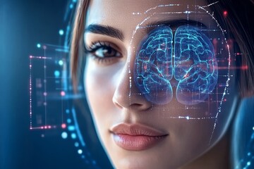 Canvas Print - Emotional processing Imaging High tech portrait of a woman with a digital brain interface representing the future of human machine integration and augmented cognition