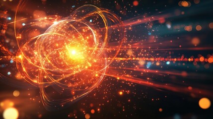 Poster - 3D rendering of a data visualization background featuring abstract digital particles and futuristic circular rings on a dark black background. The glowing light effect, along with colorful laser spark