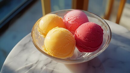 Three scoops of ice cream, two yellow and one pink, in a glass bowl on a marble table.