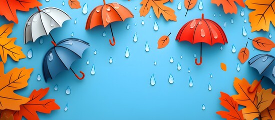 Autumn background with autumn leaves and umbrellas